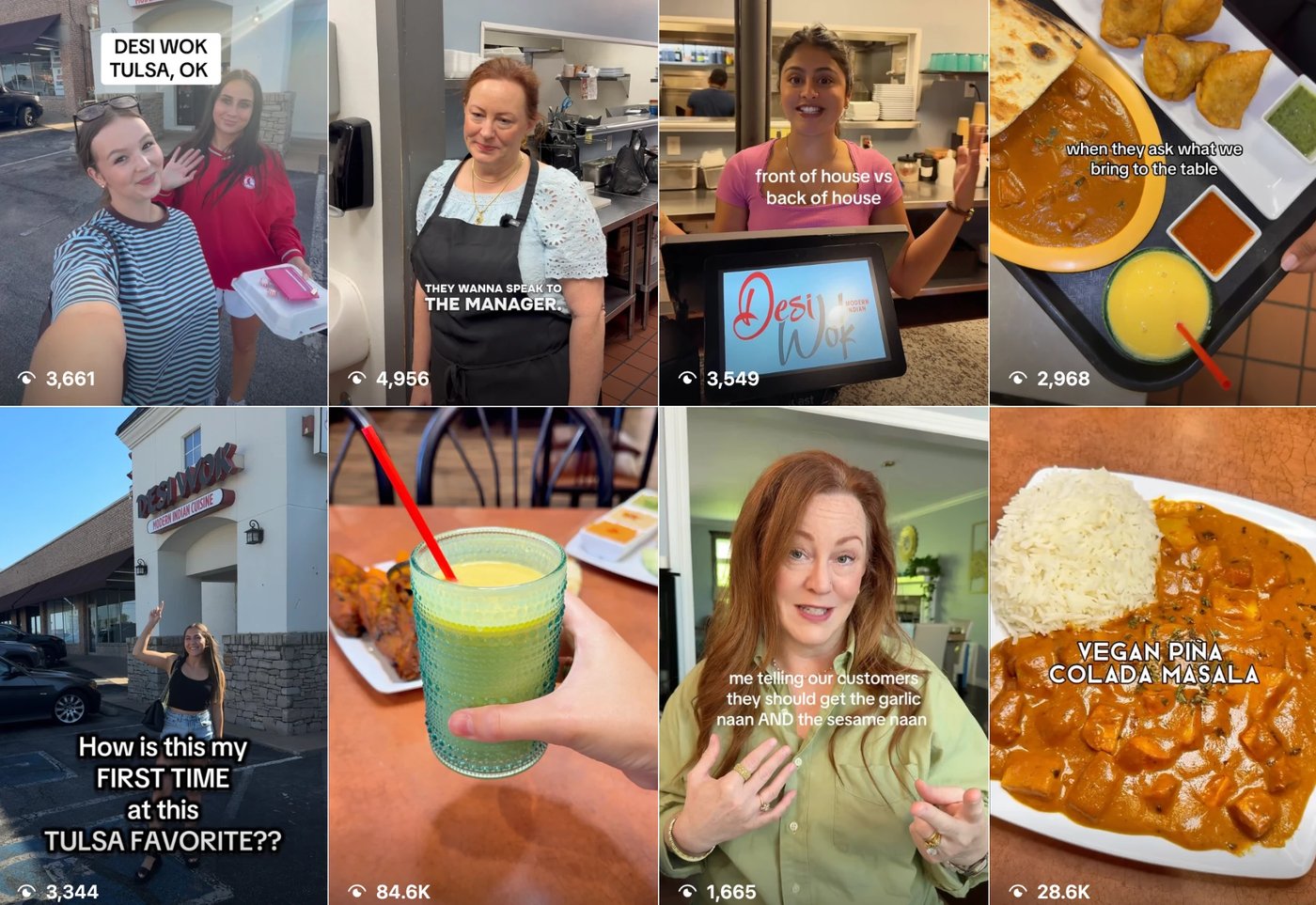 Grid of Desi Wok TikTok posts with view counts, up to 84.6K
