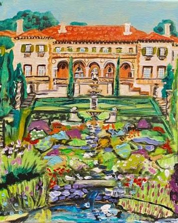 Painting of a villa and its gardens, with a fountain and pond