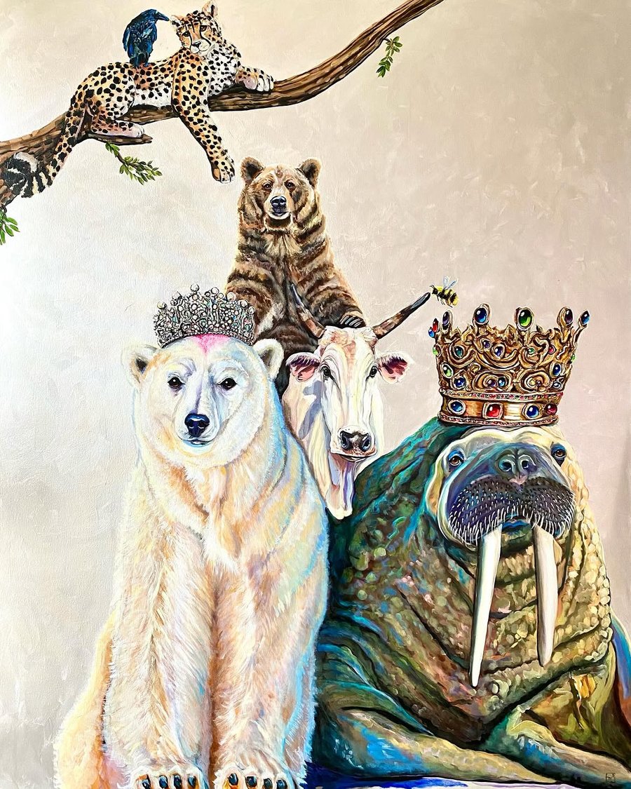 Painting of a polar bear in a tiara and a walrus in a jeweled crown, with a bear, a cow and a leopard