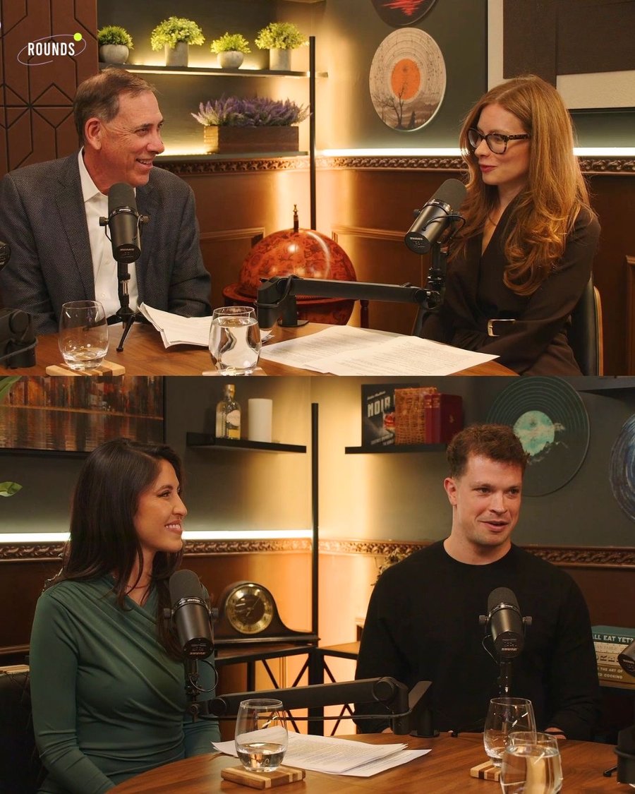 Two Rounds episodes in the studio, hosts and guests at the mics