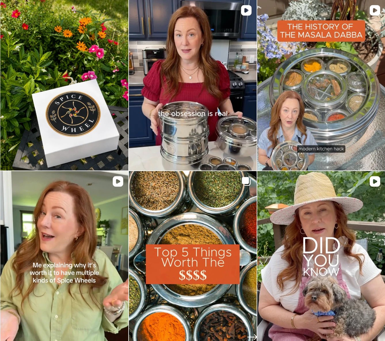 Grid of Spice Wheel social posts: the gift box, kitchen videos and the history of the masala dabba
